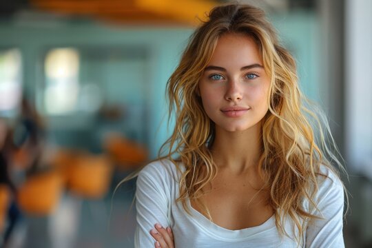A confident woman with blonde hair stands indoors in a casual setting, smiling warmly and conveying a sense of approachability and natural ease in the environment.