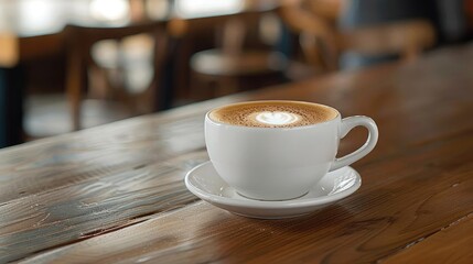Obraz premium Close-up of a fresh cup of cappuccino on a wooden table in a cozy cafe. Warm and inviting atmosphere perfect for relaxing or working.