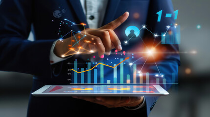 Digital tablet showcasing customer lifecycle management, businessman planning engagement strategies