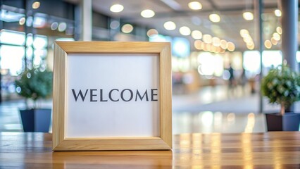 A sleek, modern, wooden-framed welcome board with a customizable template sign and a blurred-out background, ready for editing.
