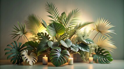 Softly lit, dreamy, abstract tropical foliage arrangement in muted pastel olive green hues, evoking serene and calming atmosphere.