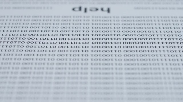 Close up shot of woman hand working with document full of binary codes, red marker in female hand marked circled a word help in text.