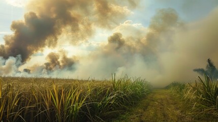 Thick smoke rising from sugar cane agricultural burn to remove dried leaves and lower production expenses