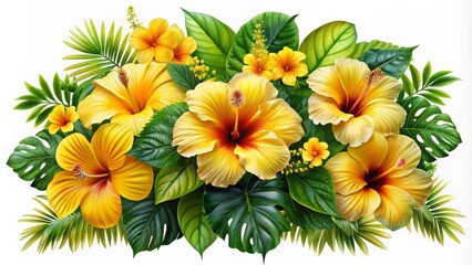Fototapeta premium Vibrant yellow hibiscus flowers and lush tropical plants beautifully arranged on a clean transparent background, radiating tropical serenity and natural elegance.