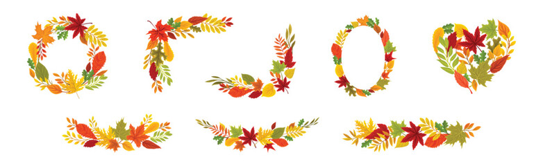 Naklejka premium Bright Autumn Foliage and Leaf Decorative Border Vector Set