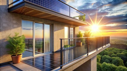 Fototapeta premium Contemporary balcony with sleek solar panels mounted vertically on railing, illuminated by warm sunlight, casting subtle shadows on floor.