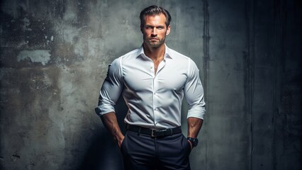 Confident businessman attire empty space hinting at strong masculine presence with rugged athletic build in crisp white shirt and dark pants.