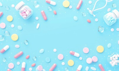 Pills and medical equiupments on light blue banner background