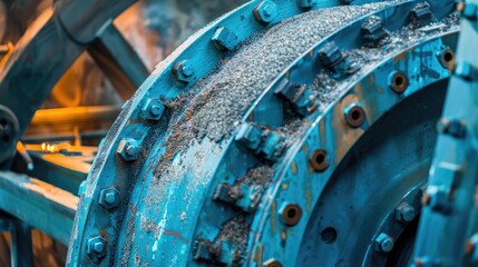 Close up of a blue ball mill grinding mineral materials at a factory