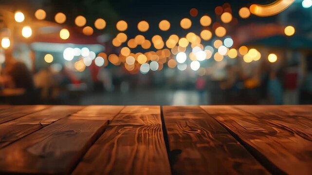 wooden table in front of decorative outdoor string lights bulb in night market with blur people, Festival and holiday concepts, can used for display or montage your products