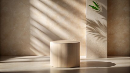Elegant beige pedestal display stand with natural texture and subtle shadow, evoking luxury and modern minimalism in a serene atmosphere.