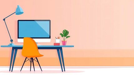 Digital marketing office, dual monitors, vibrant infographics, soft ambient light, side view, with copy space isolated on soft plain pastel solid background