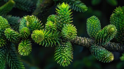 Close up of Monkey Puzzle Tree branch Araucaria araucana adorned with spiky evergreen leaves tightly clustered