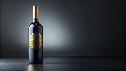 Elegant wine bottle with decorative label and golden foil, standing upright on a clean, minimalist, dark grey, studio background.