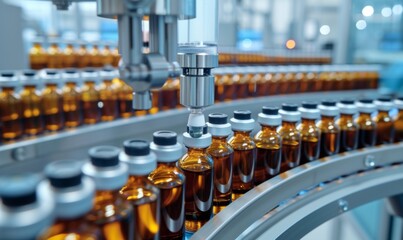 Obraz premium medical vials on production line at pharmaceutical factory pharmaceutical machine working pharmaceutical glass bottles production line