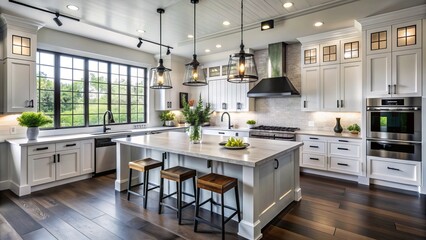 Stunning modern farmhouse kitchen features crisp white cabinets, dark hardwood floors, and sophisticated black fixtures amidst natural light.
