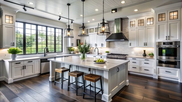 Stunning modern farmhouse kitchen features crisp white cabinets, dark hardwood floors, and sophisticated black fixtures amidst natural light.