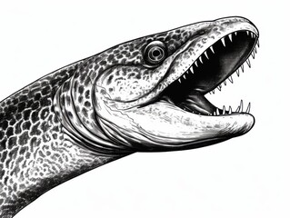 Naklejka premium Black and white Vintage engraved art of a moray eel isolated on white background, ink sketch illustration, simple vector art design, highly detailed line art, high contrasty. 