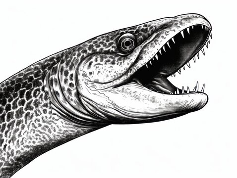 recommend clip art: Black and white Vintage engraved art of a moray eel isolated on white background, ink sketch illustration, simple vector art design, highly detailed line art, high contrasty. 