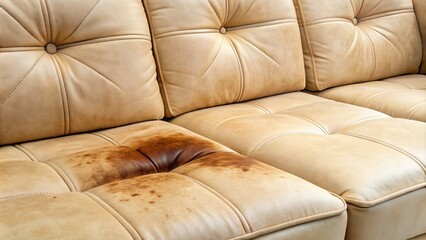 Brown coffee spill stains disfigure luxurious cream-colored upholstery, necessitating urgent cleaning and stain removal to restore fabric's original pristine condition.