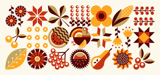 Illustration with a turkey for Thanksgiving in the Ukrainian style. Minimal geometric floral pattern. Scandinavian style. Mosaic shapes background. Concept of eco agriculture.