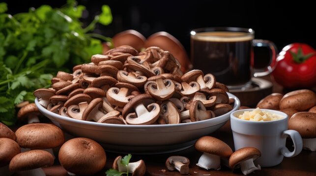 A cup of mushroom coffee on the table, surrounded by mushrooms and coffee bea  