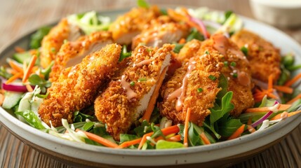 Fototapeta premium Crispy Breaded Chicken Salad with Fresh Vegetables and Homemade Mayonnaise Dressing