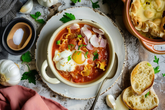 Traditional castillian soup or garlic soup rustic bowl, accompanied by crusty bread and served on aged wooden table.