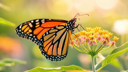 Fototapeta premium Beautiful monarch butterfly feeding on a bright flower in a summer garden with a blurred green background