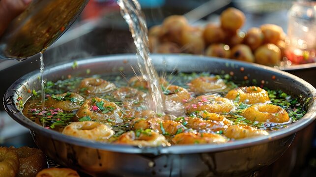 Selective focus on Indian snack Pani Puri Golgappa Fuchka or Phuchka with flavored water being poured in at VV Puram chat street Bangalore Karnataka India