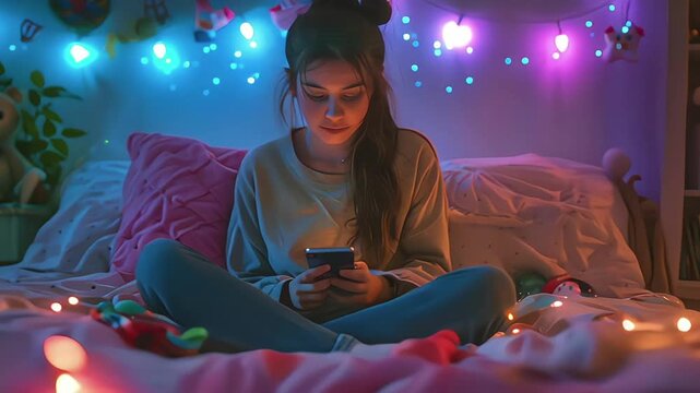 Teens and cyber bullying. Upset teen girl sitting on floor in her bedroom holding a phone. Being bullied on the internet in cyber space