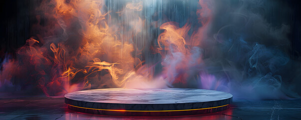 A mystical platform surrounded by swirling smoke and glowing light in a dark, enigmatic setting that suggests an otherworldly or magical ambiance. Podium marble smoke background product
