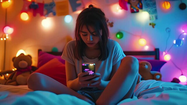 Teens and cyber bullying. Upset teen girl sitting on floor in her bedroom holding a phone. Being bullied on the internet in cyber space