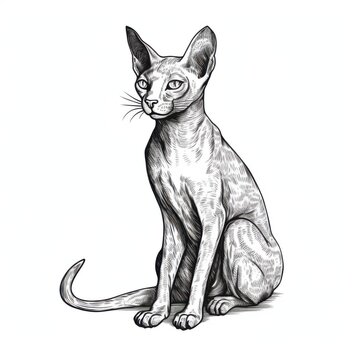 recommend clip art: Black and white Vintage engraved art of a Peterbald cat isolated on white background, ink sketch illustration, simple vector art design, highly detailed line art, high contrasty 