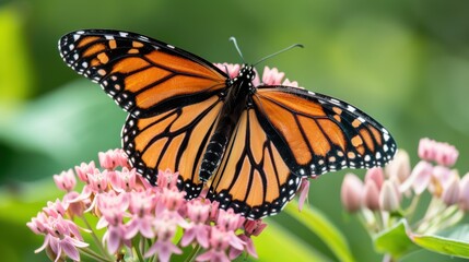 Fototapeta premium Beautiful monarch butterfly with open wings sitting on a pink flower in a garden