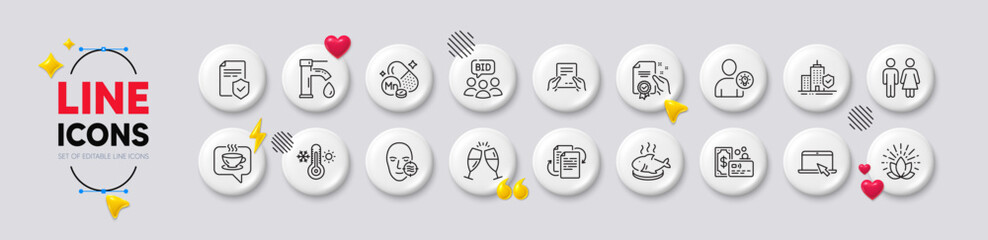 Portable computer, Problem skin and Card line icons. White buttons 3d icons. Pack of Apartment insurance, Lotus, Bureaucracy icon. Restroom, Champagne glasses, Receive file pictogram. Vector