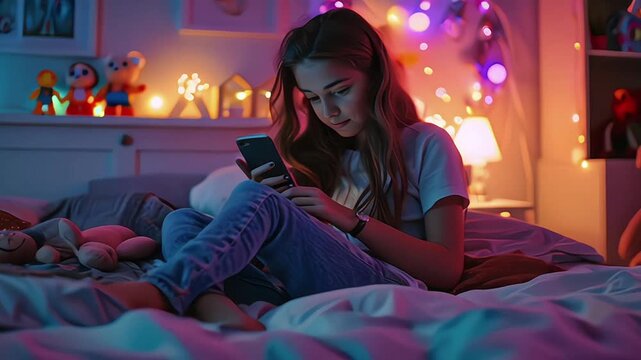 Teens and cyber bullying. Upset teen girl sitting on floor in her bedroom holding a phone. Being bullied on the internet in cyber space