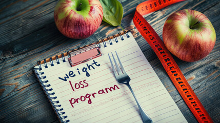 A notepad with the words "weight loss program" written on it, an apple and fork beside it, red tape measure in background
