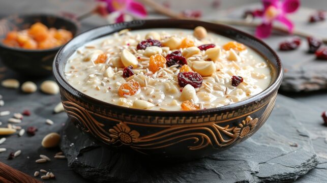Traditional Indian dessert known as Khir Kheer or Payasam also called Sheer Khurma Seviyan typically enjoyed during Eid and other festivals in India and Asia Served in a bowl with a garnish