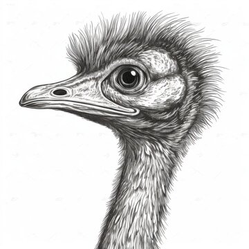 recommend clip art: Black and white Vintage engraved art of a portrait of an emu isolated on white background, ink sketch illustration, simple vector art design, highly detailed line art, high contrasty