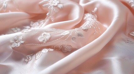 A soft pink satin material with intricate, embroidered floral accents in silver