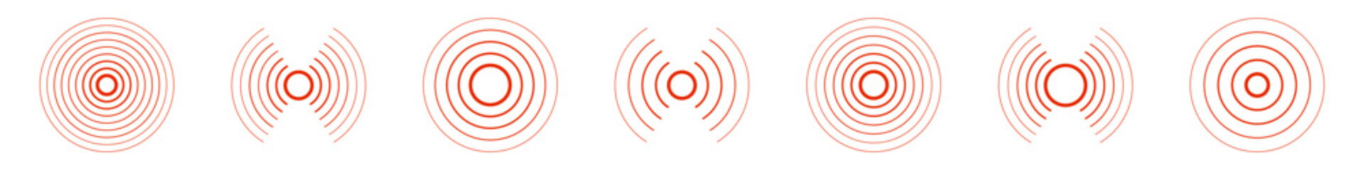 Set of red radar, sound waves vector icons with editable strokes
