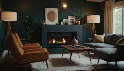 A modern living room featuring a sofa and abstract wall art. The space is warmly lit with a floor lamp and natural light from large windows.
