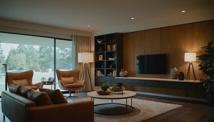 Fototapeta premium A contemporary living room with a mid-century modern design, showcasing a sofa, abstract artwork, and cozy lighting from a floor lamp and windows