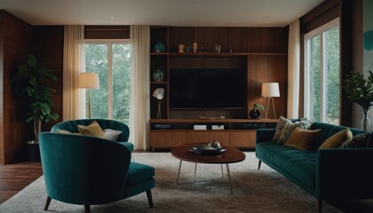 A contemporary living room with a mid-century modern design, showcasing a sofa, abstract artwork, and cozy lighting from a floor lamp and windows