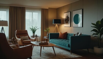 A stylish living room with a couch and pillows. The room is decorated with abstract art and illuminated by a floor lamp and window light