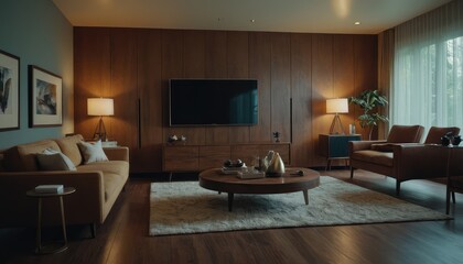 A stylish living room with a couch and pillows. The room is decorated with abstract art and illuminated by a floor lamp and window light