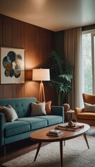 A stylish living room with a couch and pillows. The room is decorated with abstract art and illuminated by a floor lamp and window light