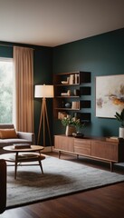 A modern living room featuring a sofa and abstract wall art. The space is warmly lit with a floor lamp and natural light from large windows.