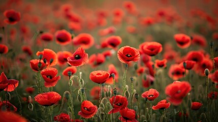 Naklejka premium Field of Vibrant Scarlet Poppies Extending into the Distance with Selective Soft Focus